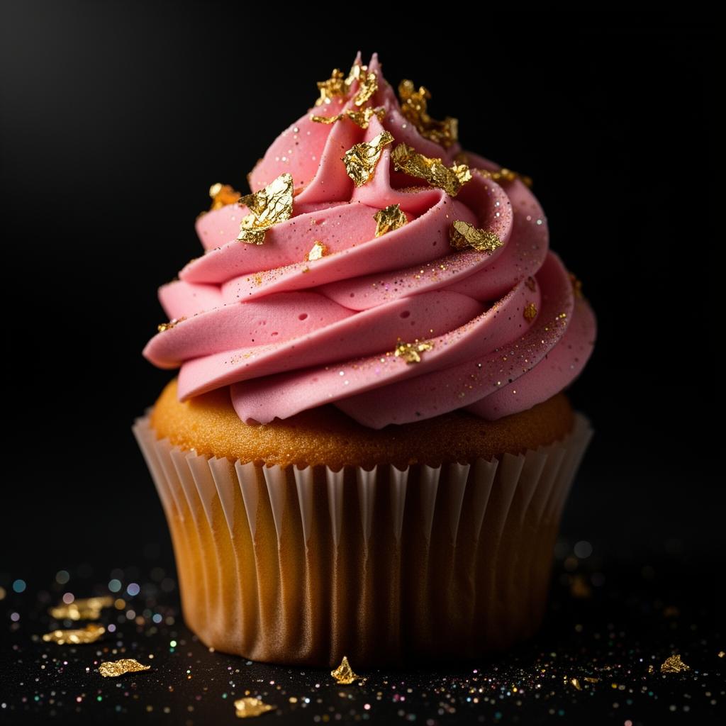 Signature cupcake with pink frosting and gold flakes